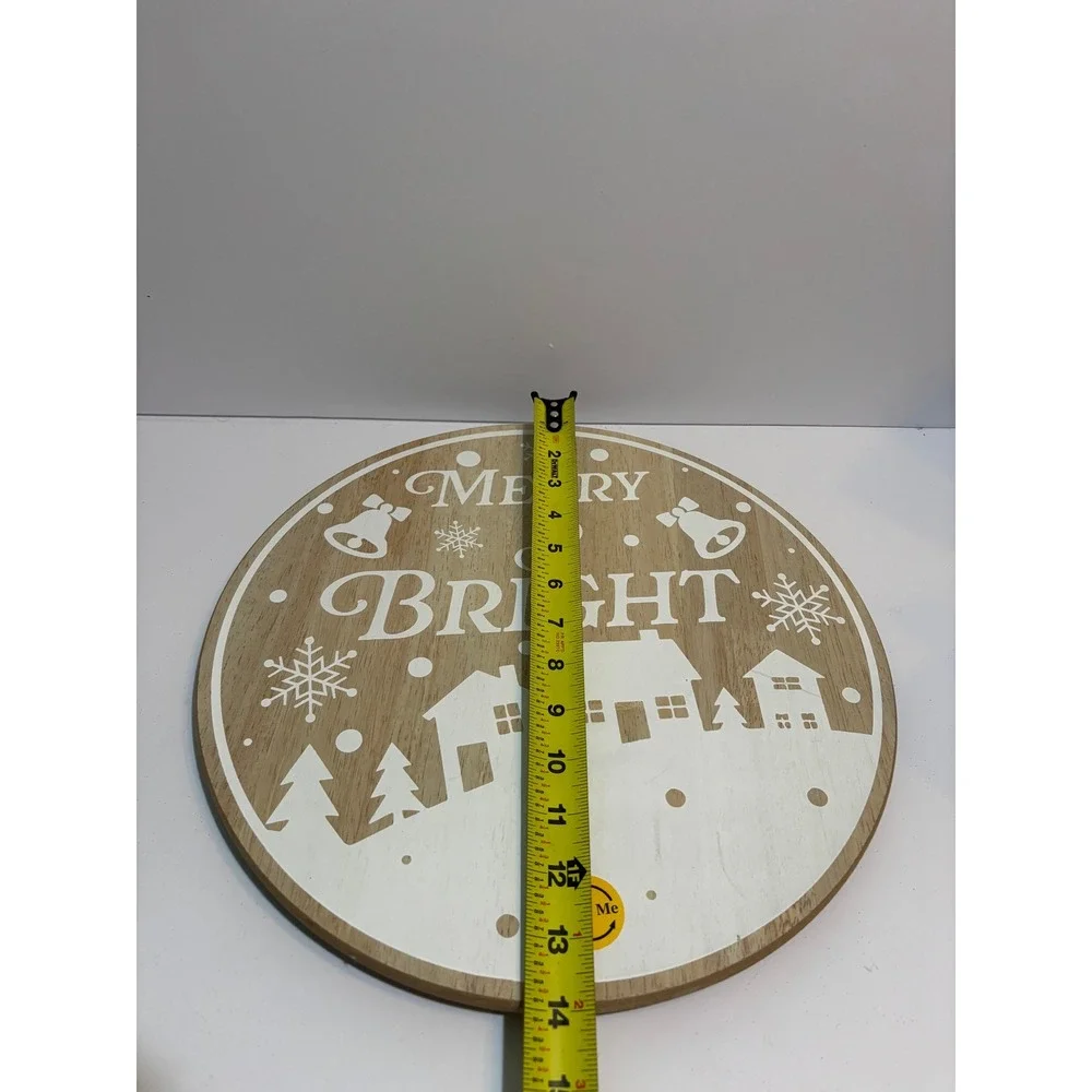 Merry & Bright Christmas Lazy Susan 14 Inch Wooden Rotating Serving Tray White